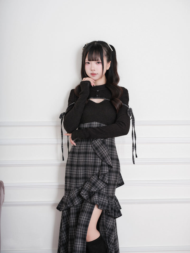 Jirai Kei Plaid Dress, Chest Cutout & Flounce Slit Hem 45956:869343