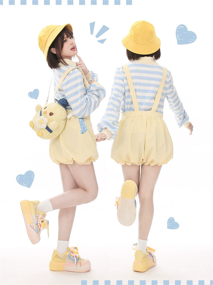 Yellow Suspender Shorts Blue Striped T-shirt 31734:366522 31734:366522