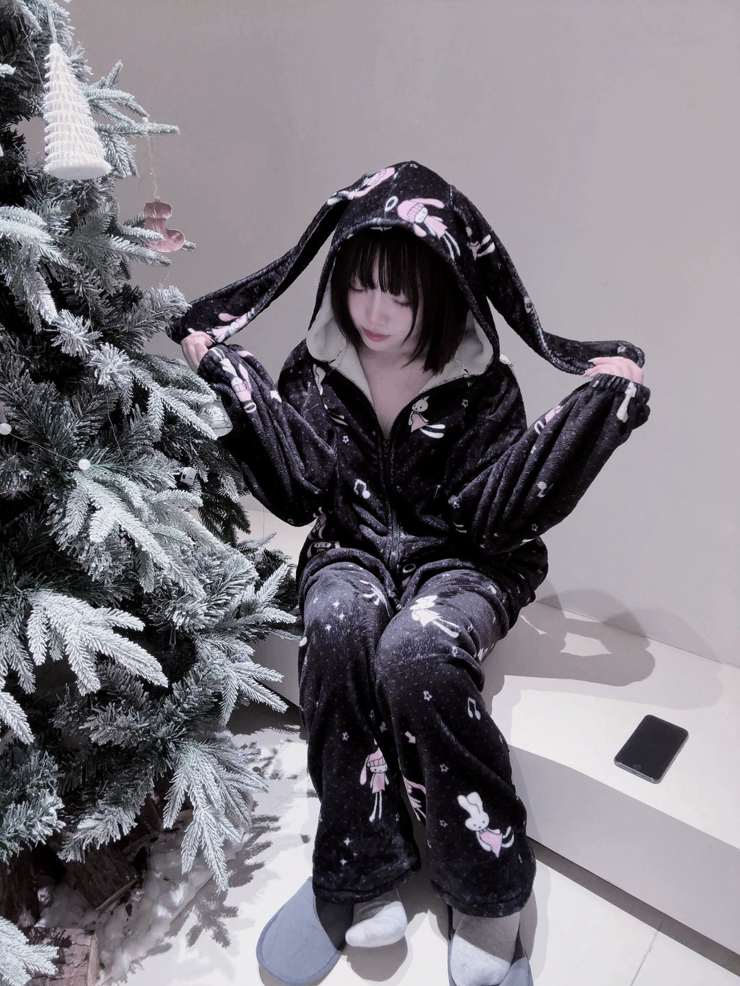 Bunny-ear Hooded Pajamas Set, Angel Bunny Print (L M S XL) 44749:830357