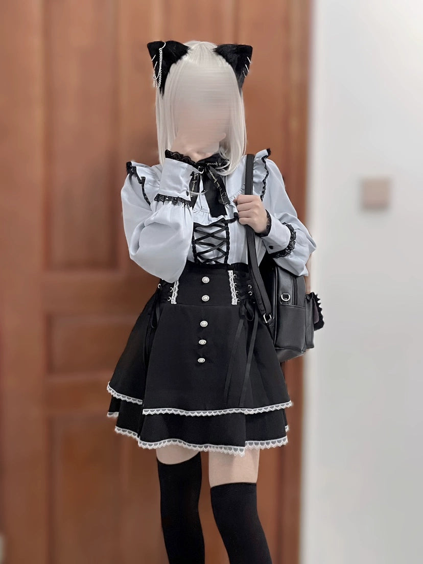 Jirai Kei Pearl Lace Up Butterfly Bow Black Skirt 21738:311024