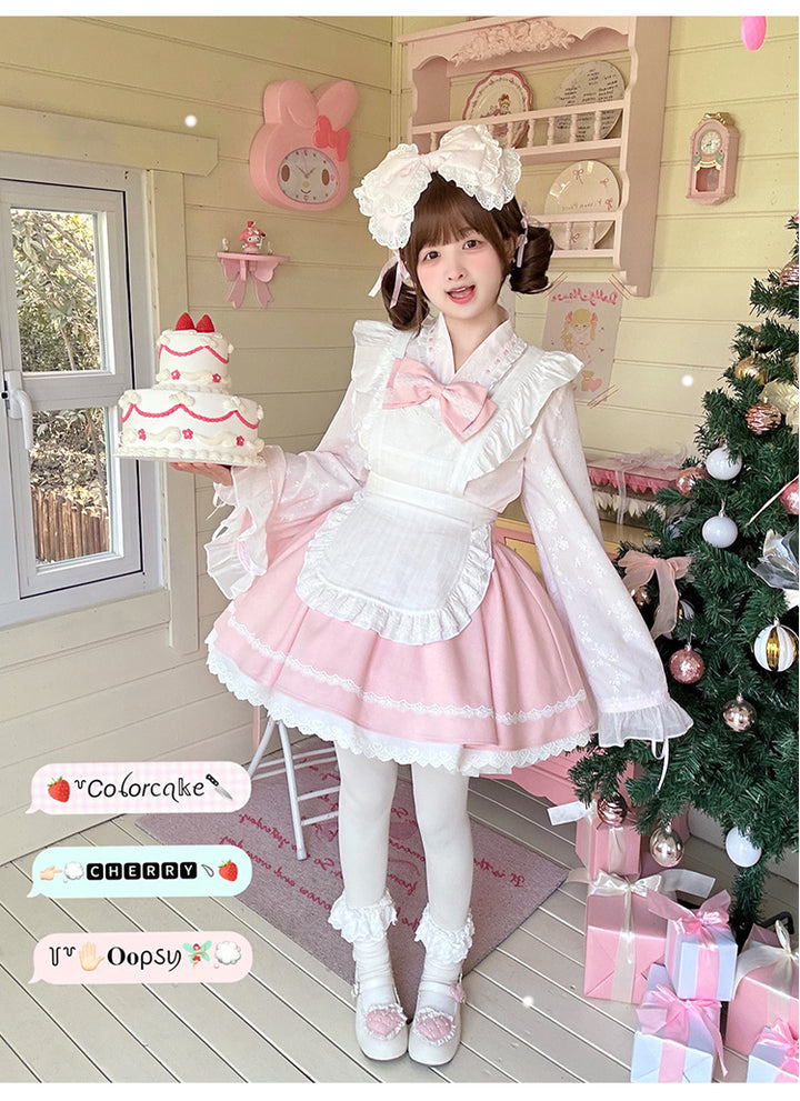 Kawaii Outfit White Maid Blouse And Pink Skirt With Apron 42283:735214