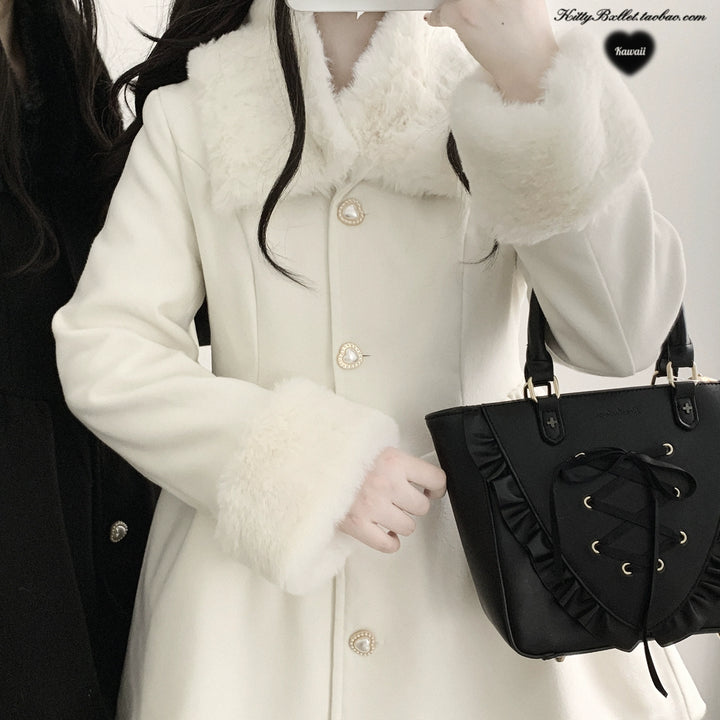 Jirai Kei Coat Detachable Fur Collar Dress Coat Wool-like Jacket 40416:667692