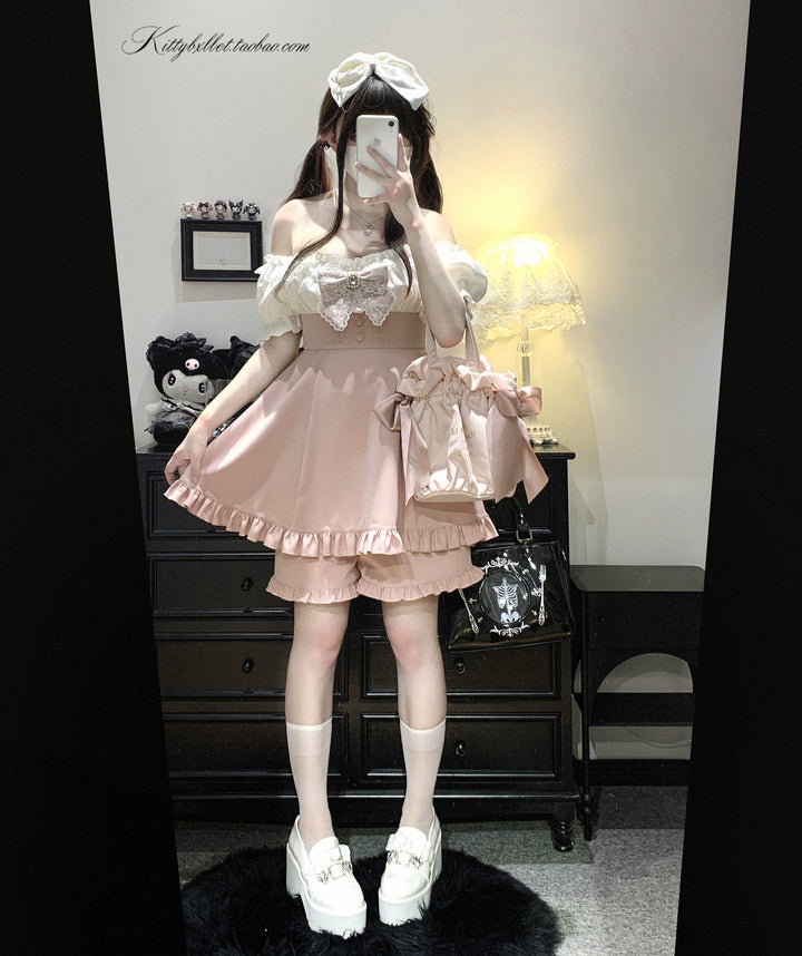 Puff Sleeve Jirai Kei Dress with Lace Bow and Shorts 43072:764382