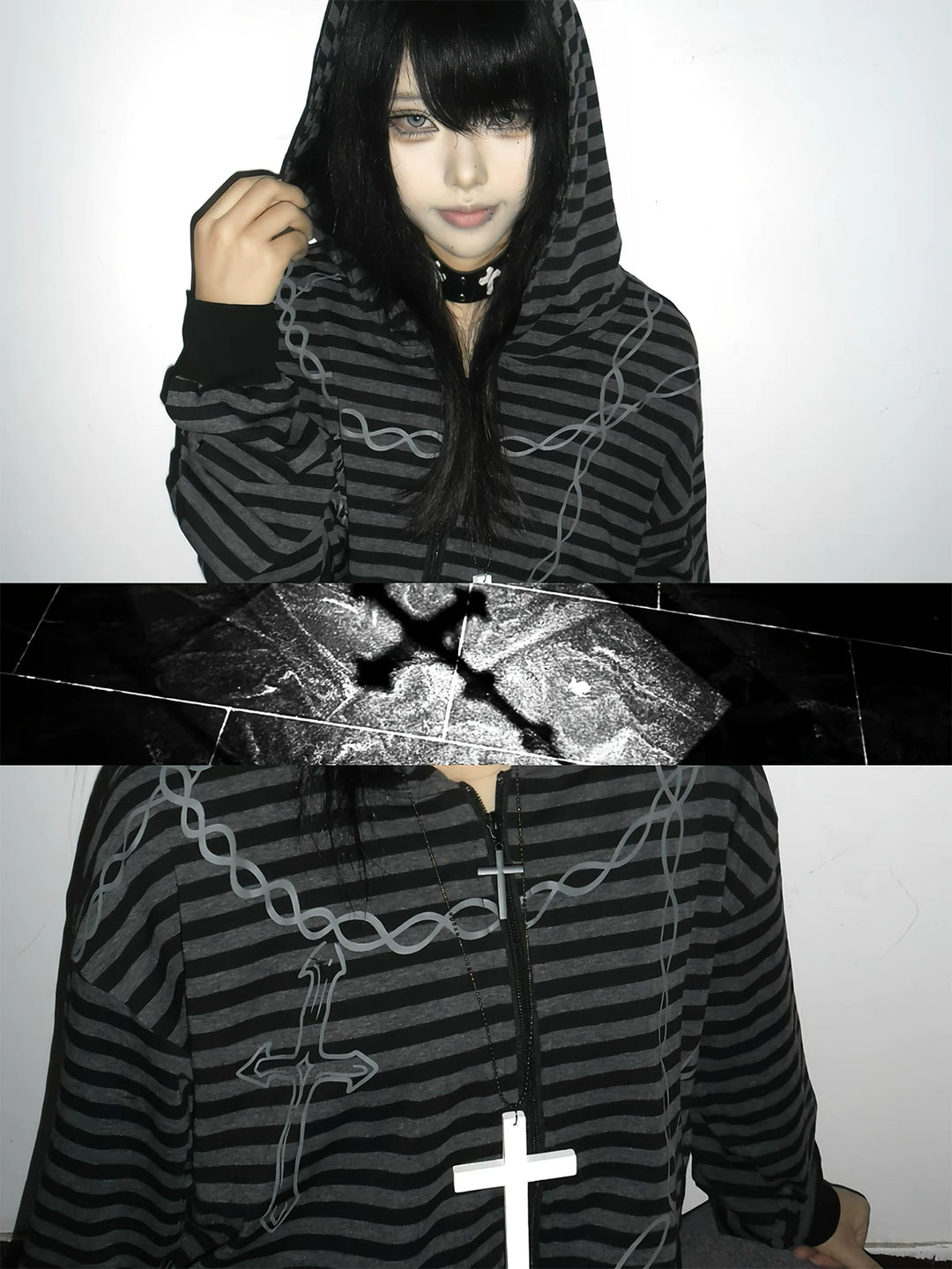 Gothic Striped Zip-Up Hoodie, Cotton for Summer 45270:844636