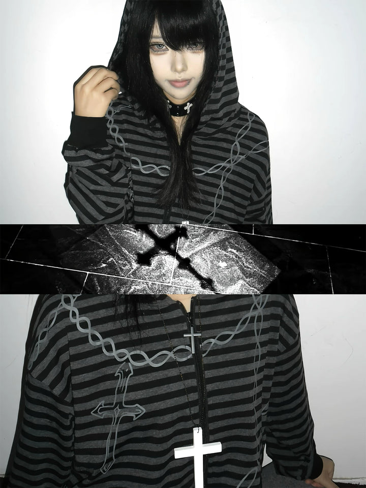 Gothic Striped Zip-Up Hoodie, Cotton for Summer 45270:844636