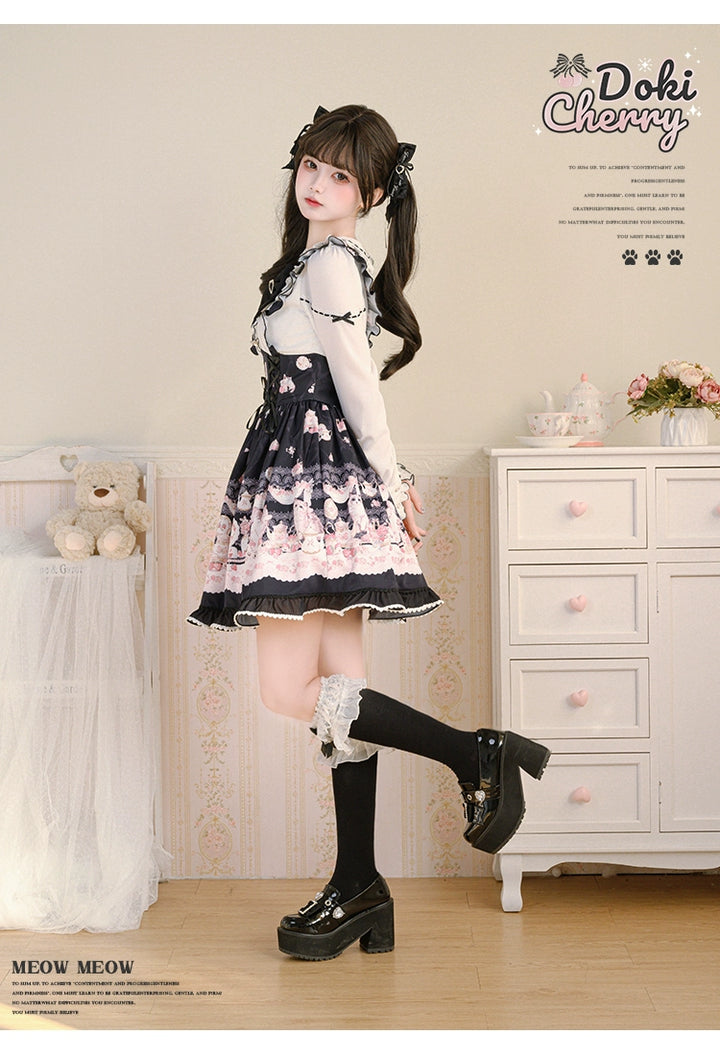 Kawaii Ryousangata Dress Long-sleeved Cat Printed OP Dress 40560:664768