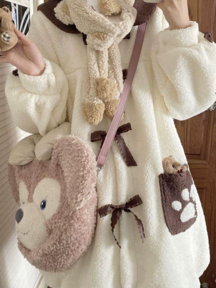 Kawaii White Fleece Coat With Flounce Hem 22774:354228 22774:354228