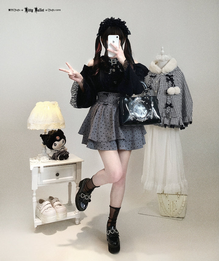 Lace Open-Shoulder Jirai Kei Blouse, Long Sleeves 44004:793091