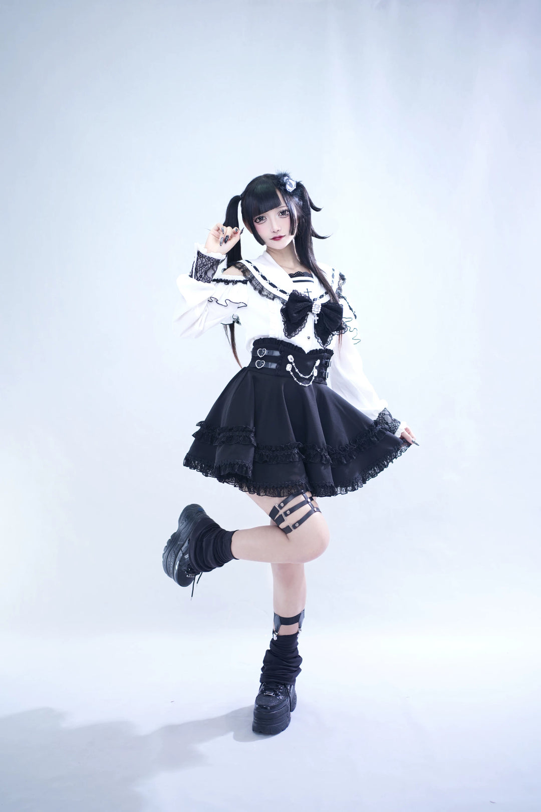 Lace Jirai Kei Sailor Collar Blouse, High Waist Skirt Set 45626:859340