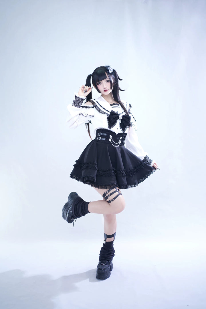 Lace Jirai Kei Sailor Collar Blouse, High Waist Skirt Set 45626:859340