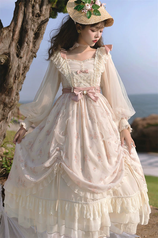 Elegant Lolita Dress Cottagecore Dress Long-Sleeved Beige Dress 36470:515854