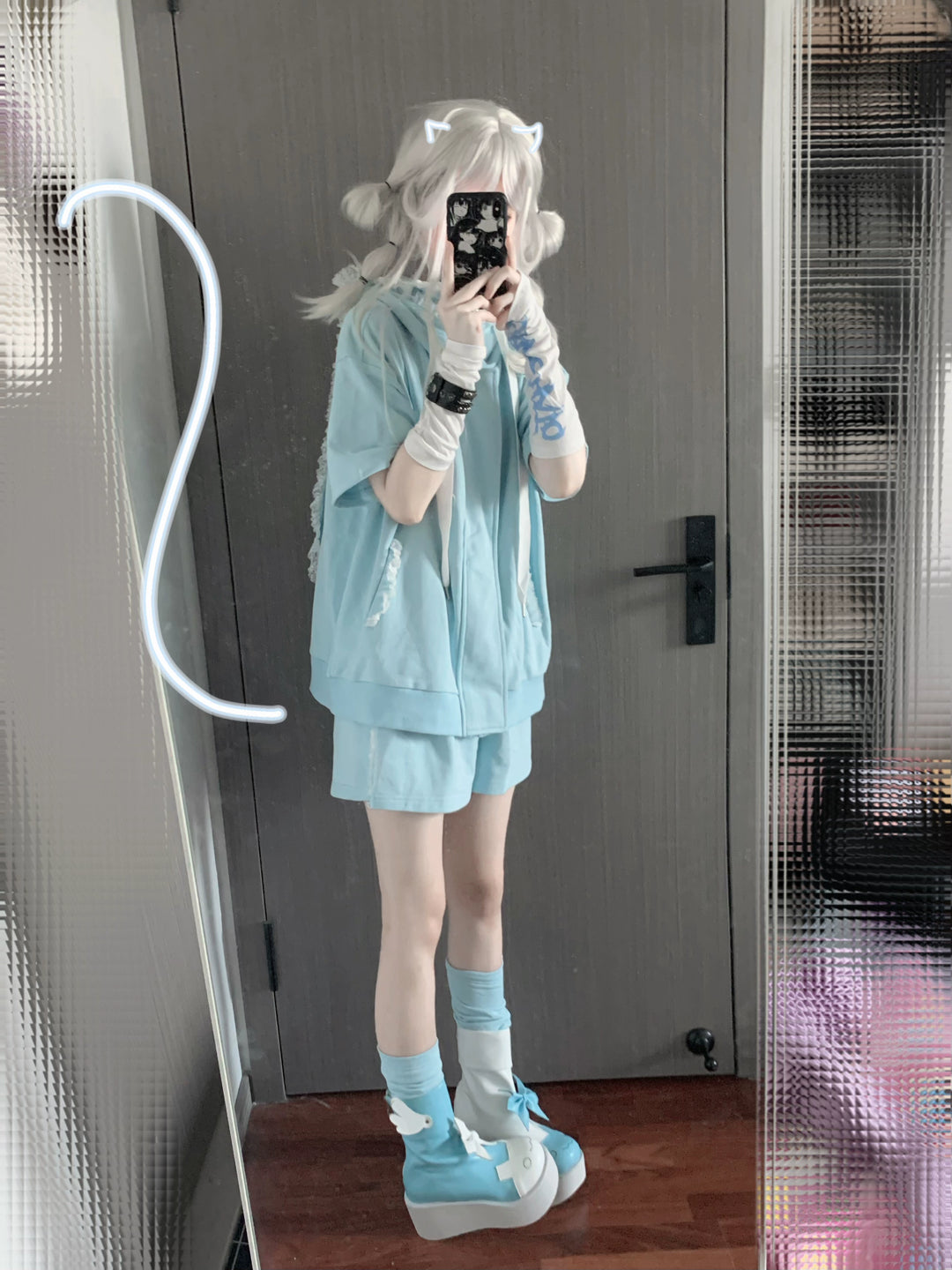 Tenshi Kaiwai Coat Summer Light Blue Short Sleeve Hoodie 29442:349868