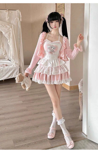 Ryousangata Skirt Set Pink Cardigan White Straps Top 37008:548362