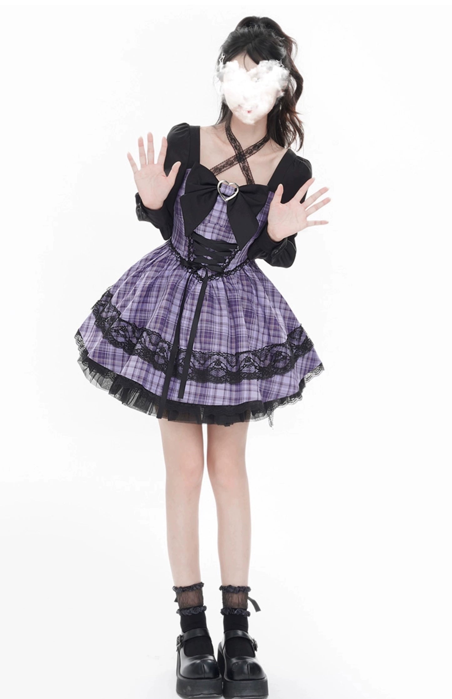 Jirai Kei Dress Puff Sleeves Purple Dress Heart Buckle Dress 36418:570246