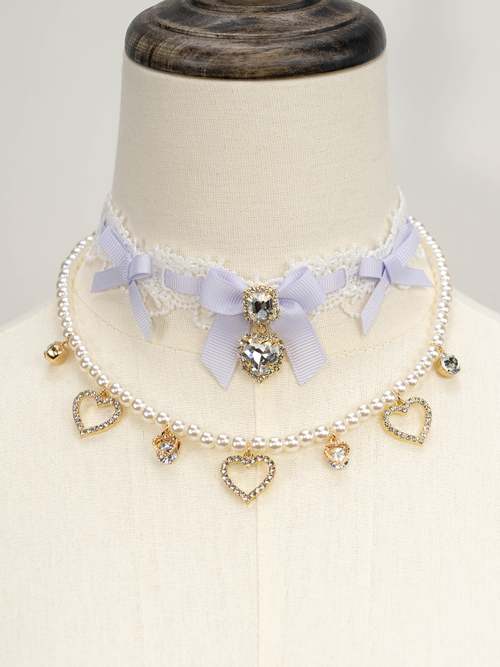 Jirai Kei Necklace Double-layered Pearl Rhinestone Choker 33806:446378 33806:446378