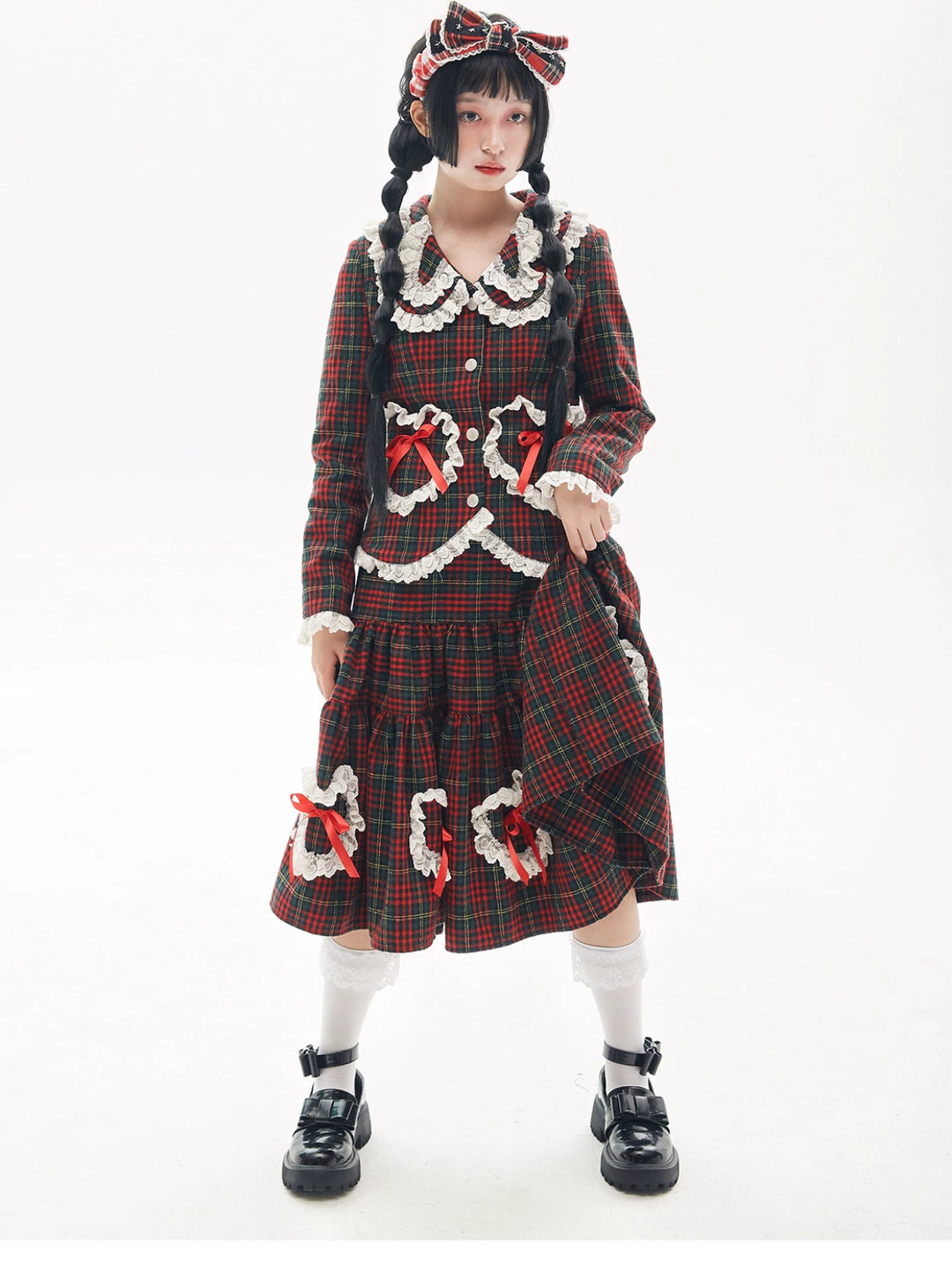 Retro Lolita Skirt Showa Christmas Winter Red Plaid Skirt 40316:662972