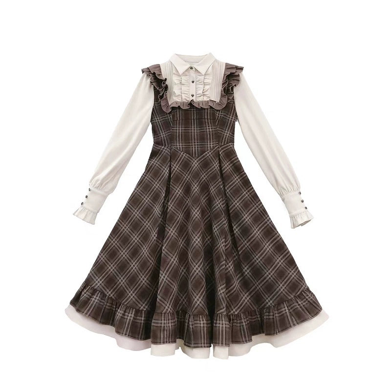 Retro Lolita OP Dress And Brown Lolita Coat Plaid Dress (L M S XL) 41080:685954