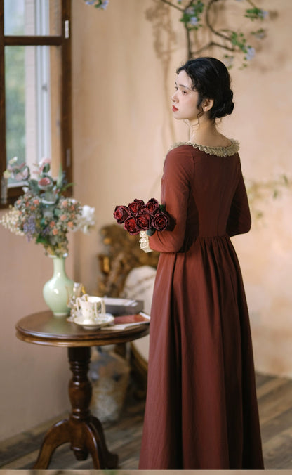 Mori Kei Dress Classical Oil Painting Dress Rust Red Dress 36348:544674
