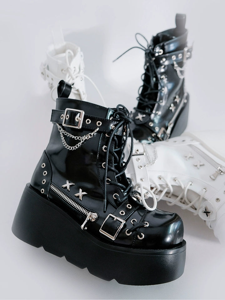 Punk Shoes Black White Platform Gyaru Fashion Combat Boots 29710:368856