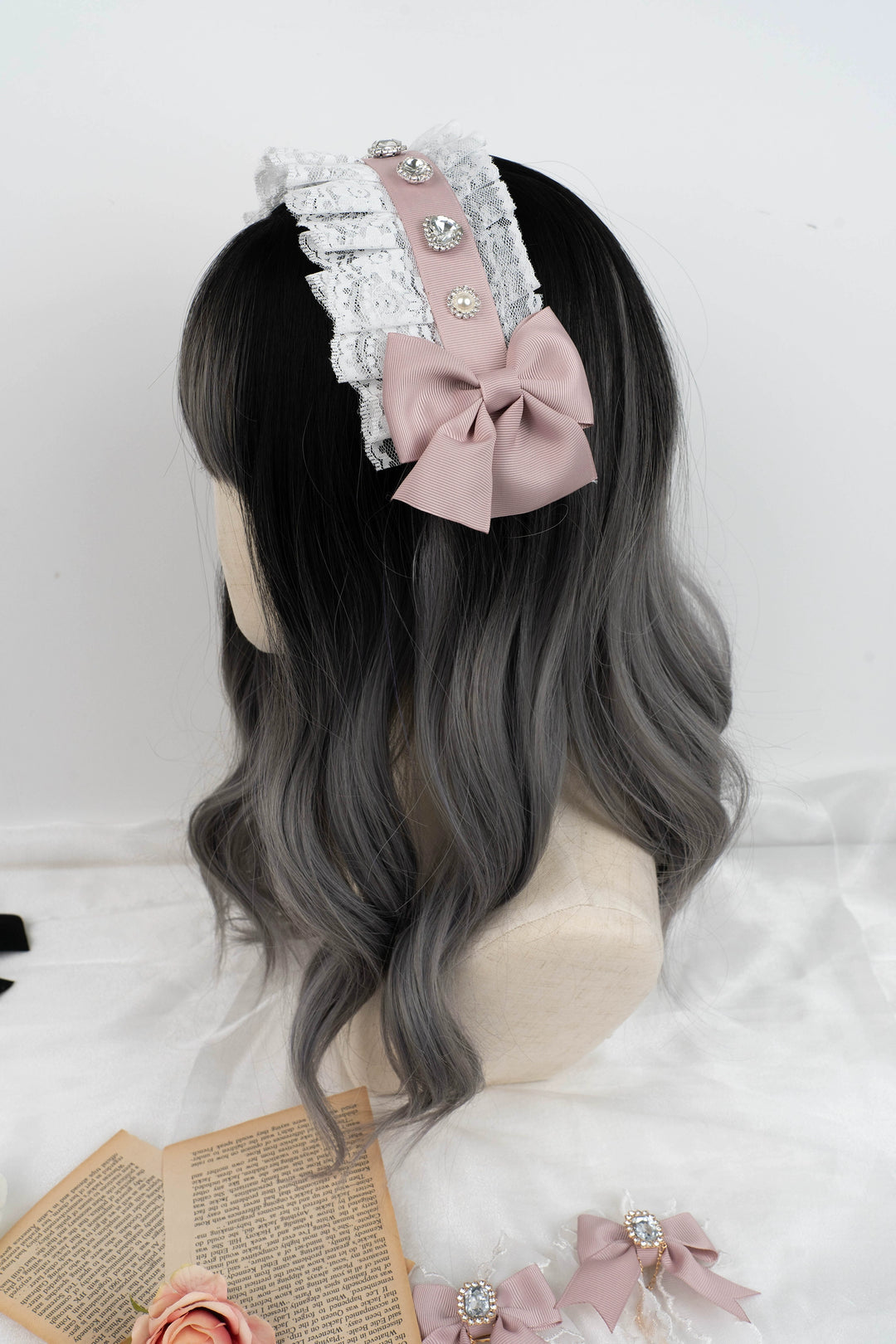 Jirai Kei Headband Lace Bow Headdress Rhinestones Hair Accessory 35650:507212 35650:507212