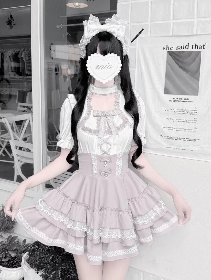 Jirai Kei Heart Lace Collar Blouse, High-waisted Tiered Skirt (L M XL) 45726:862547