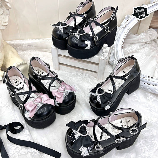 Lolita Platform Shoes Rhinestone Buckles Black Shoes 37634:574744