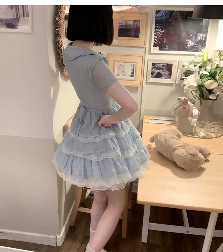 Sweet Style Lace Trim Dress, Tiered Ruffles 43546:779194