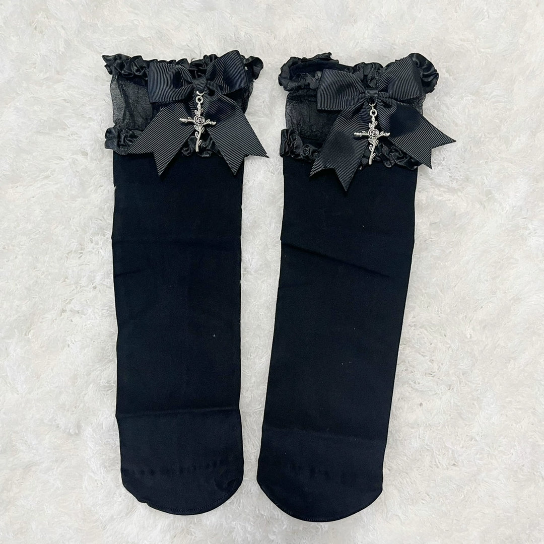 Jirai Kei Cross Knee-High Socks Rose Redemption Bow 21562:313438 21562:313438