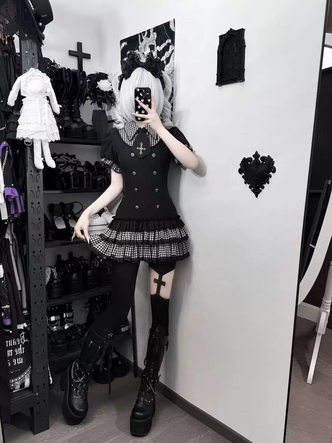 Low-Waist Jirai Kei Dress Set, Cross Embroidery 44780:826716