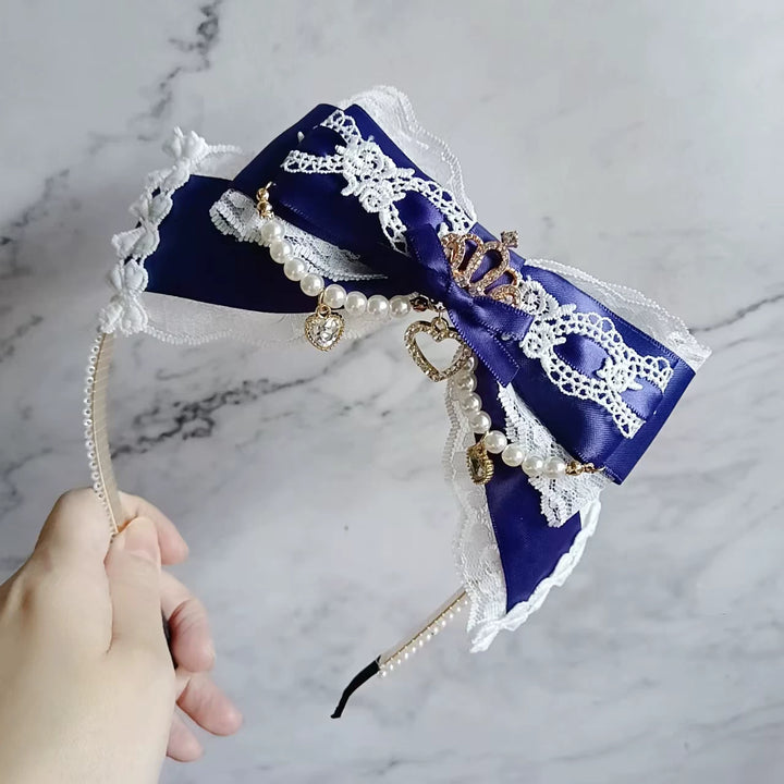 Jirai Kei Pearl-edged Headband, Crown & Heart Rhinestone 45073:833619