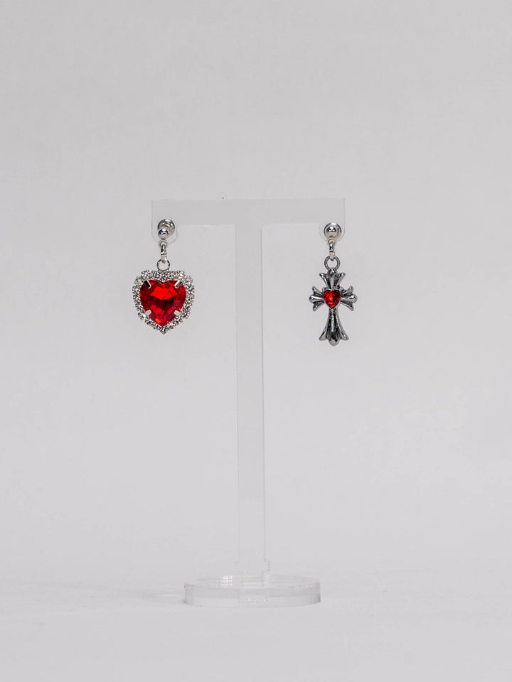 Jirai Kei Asymmetric Heart and Cross Silver Stud Ear Cuff 21554:309254 21554:309254