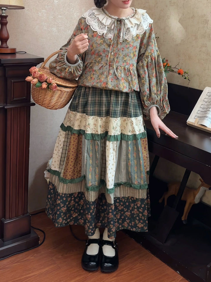 Mori Kei Skirt Retro Plaid Patchwork Floral Long Skirt 41800:714016