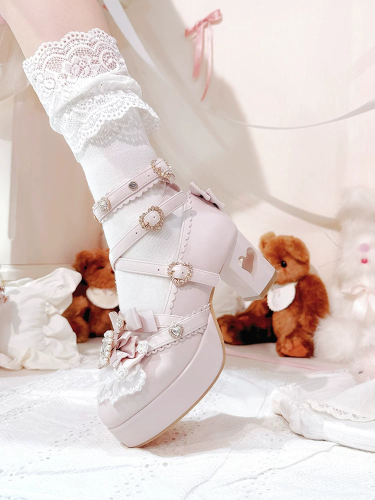 Jirai Kei Rhinestone Heeled Shoes, Heart Cutout Heel 45839:866663