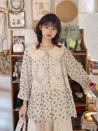 Mori Kei Blouse Floral Cotton Linen Shirt With Lace 36222:524832