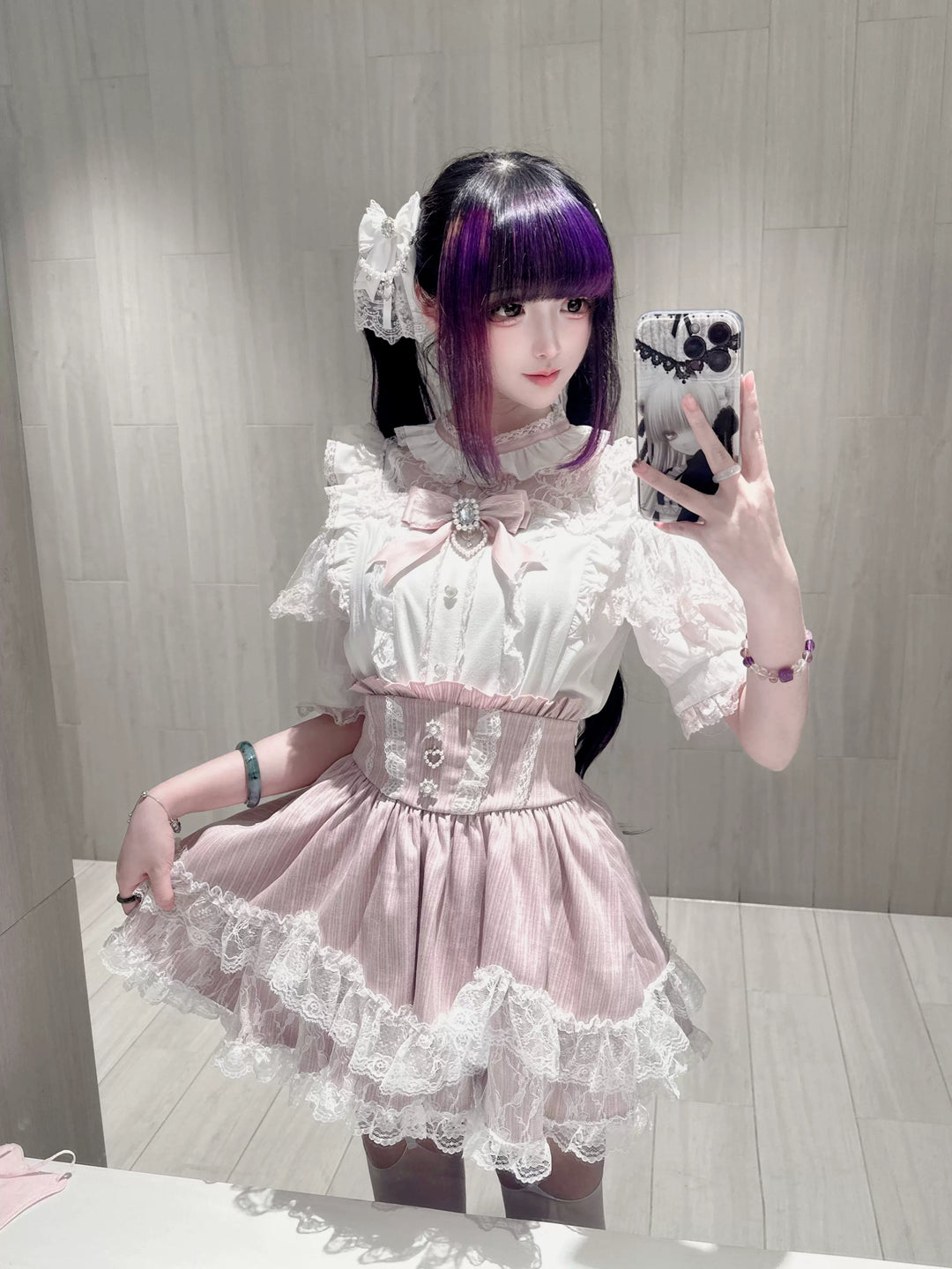 Jirai Kei Petal Shaped Hem Skirt, Layered Lace Hem 45646:857716