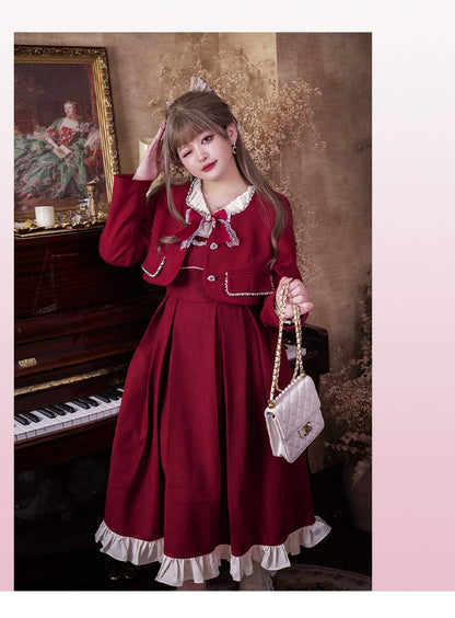 Plus Size French Retro Red Hepburn Fit Dress Set 22686:337140