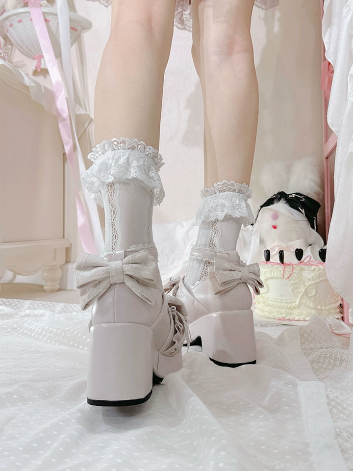Jirai Kei Platform Shoes, Lace Bow Details, Chunky Heel 43445:778182