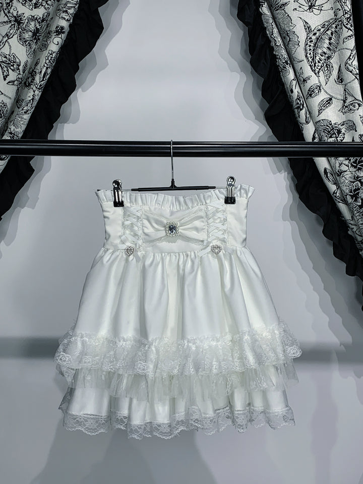 High-Waistband Jirai Kei Skirt, Tiered Lace Hem (L M S XL) 44115:803720