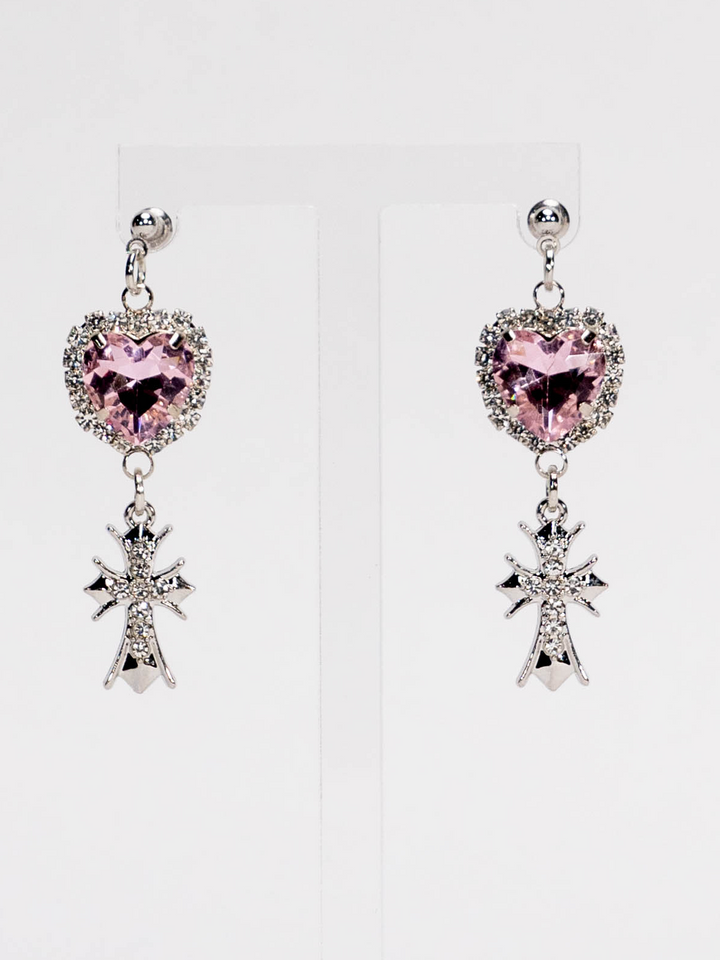 Jirai Kei Heart-Shaped Rhinestone Cross Earrings 21626:310036