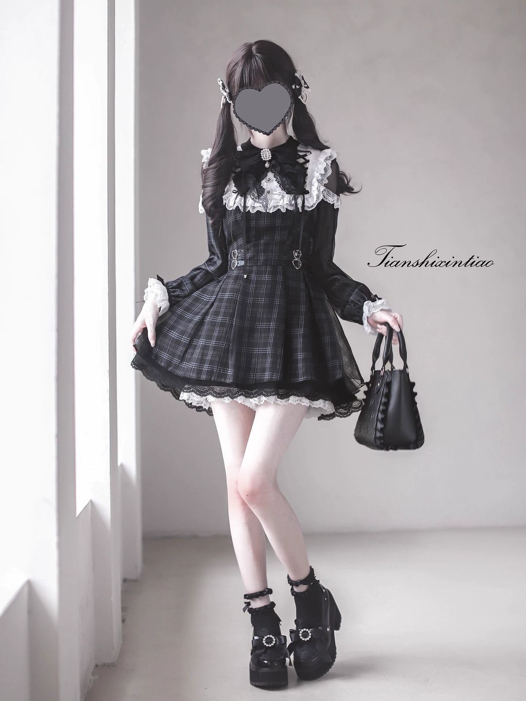 Plaid Jirai Kei Set-Up, Voile Layered Dress 43757:784683