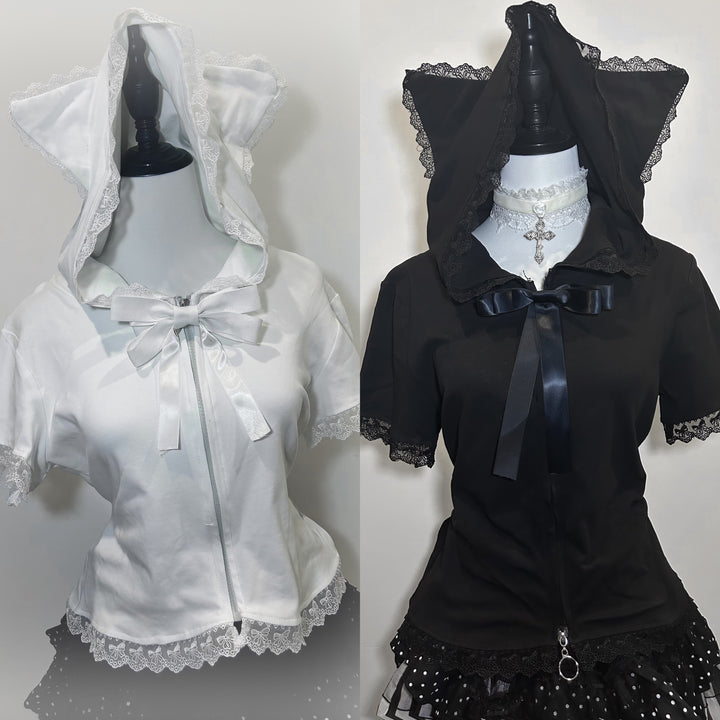 Jirai Kei Blouse Cat Ear Short Sleeve White Black Shirt 37630:575572