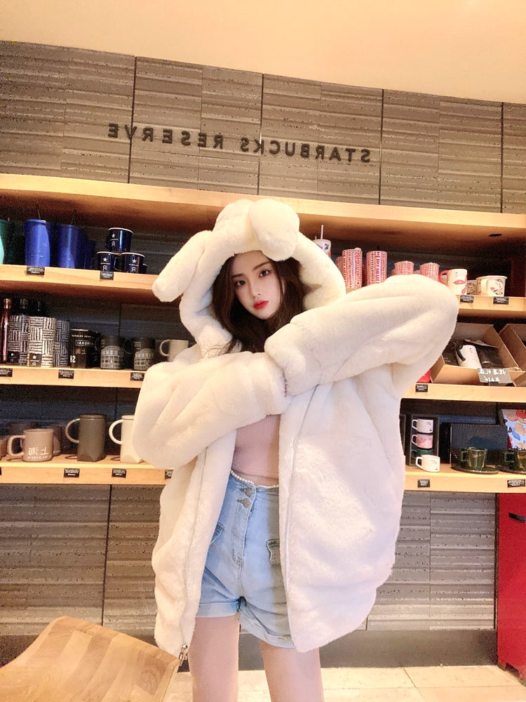 Jirai Kei Winter Coat Thick Fleece Hooded With Cute Bunny Ears 32468:386338