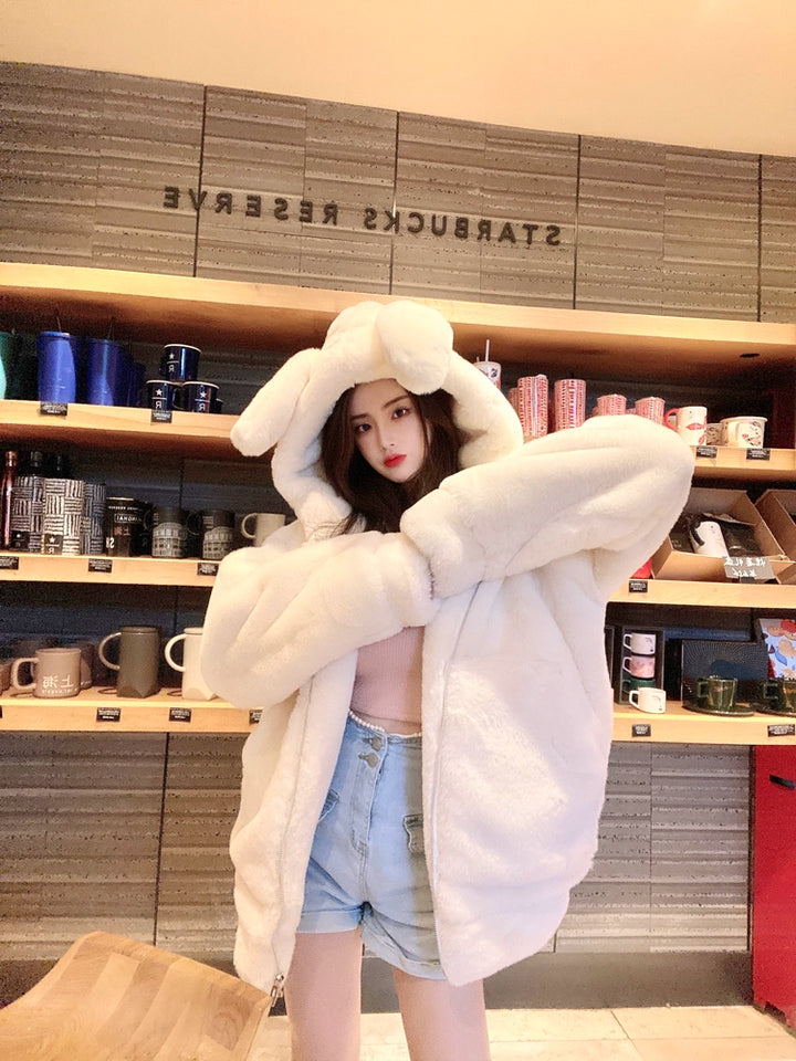 Jirai Kei Winter Coat Thick Fleece Hooded With Cute Bunny Ears 32468:386338 32468:386338