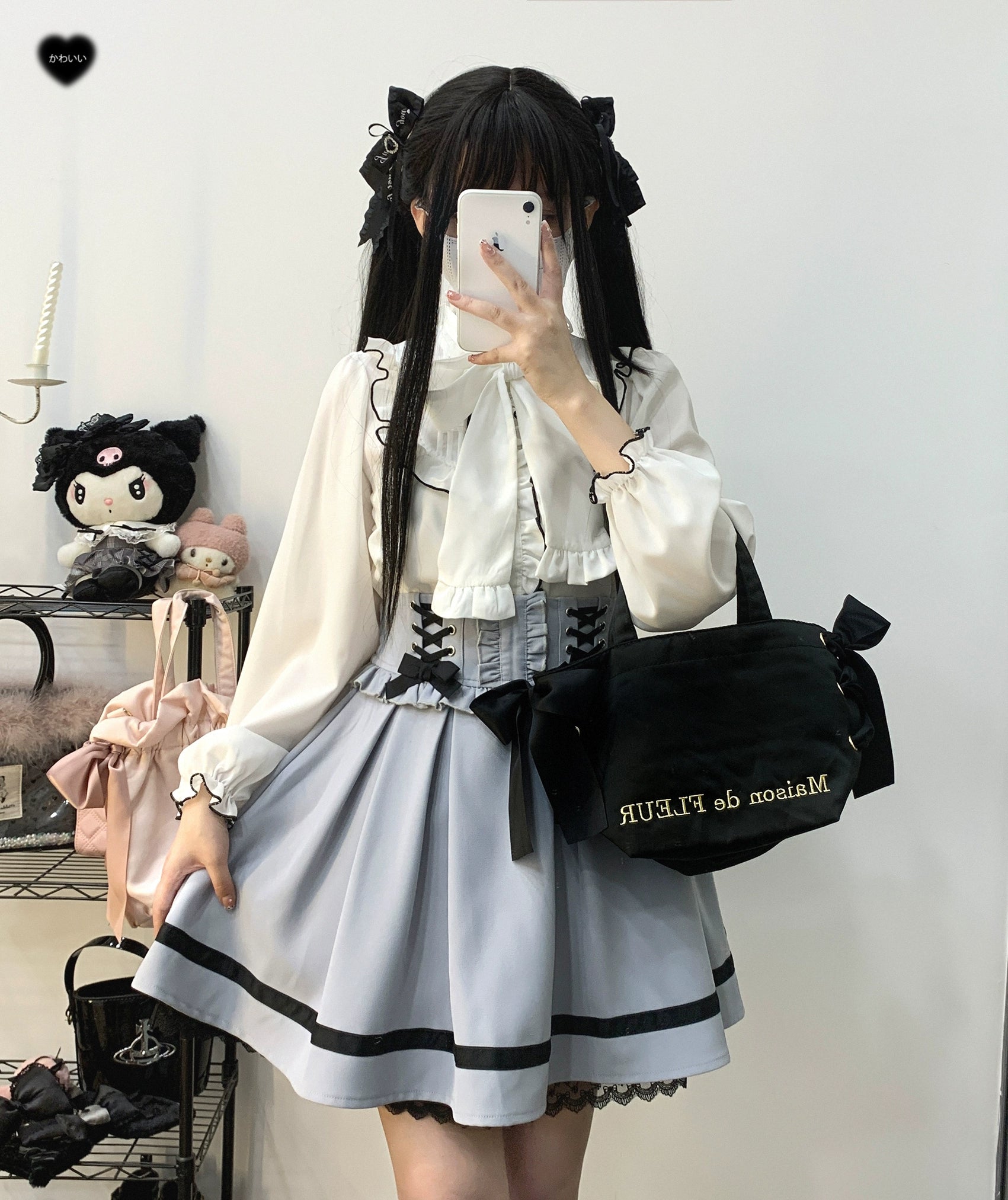 Jirai Kei White Black Blouse Lace Standing Collar Long Sleeved Shirt 31852:372704