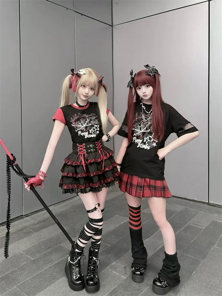 Punk Strawberry and Chain Print T-shirt, Red Plaid Skirt 45365:851385