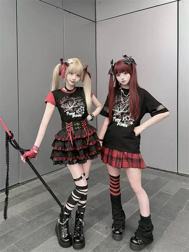 Punk Strawberry and Chain Print T-shirt, Red Plaid Skirt 45365:851385