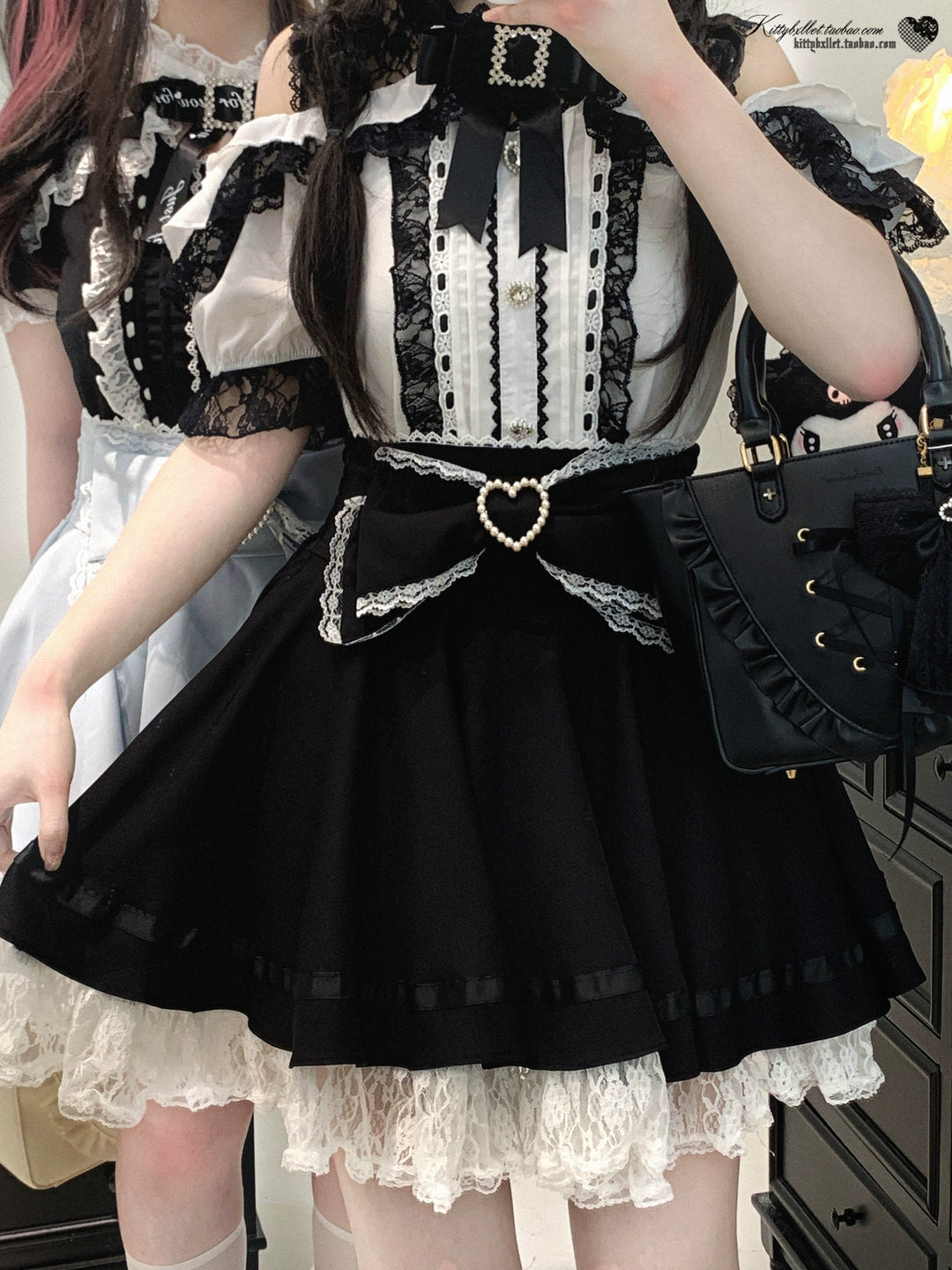Lace Open Shoulder Jirai Kei Blouse, Heart Rhinestone 43692:783134