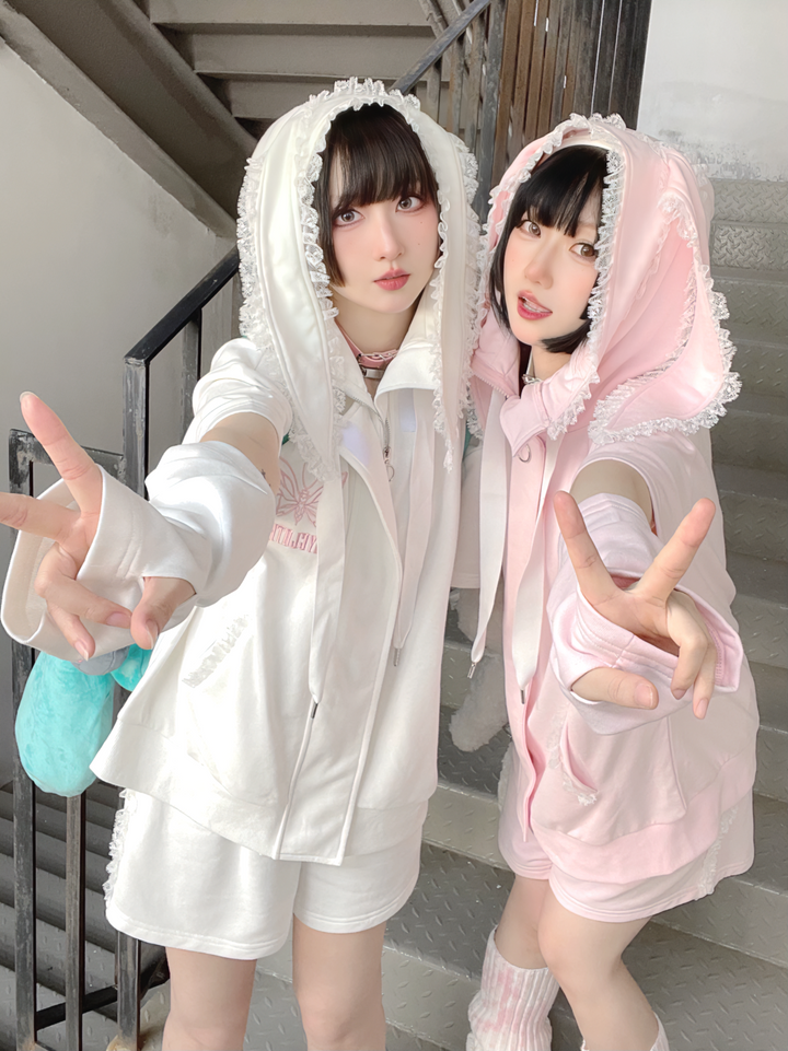 Harajuku Fashion Pink White Hoodie With Bunny Ear 29444:358498 29444:358498