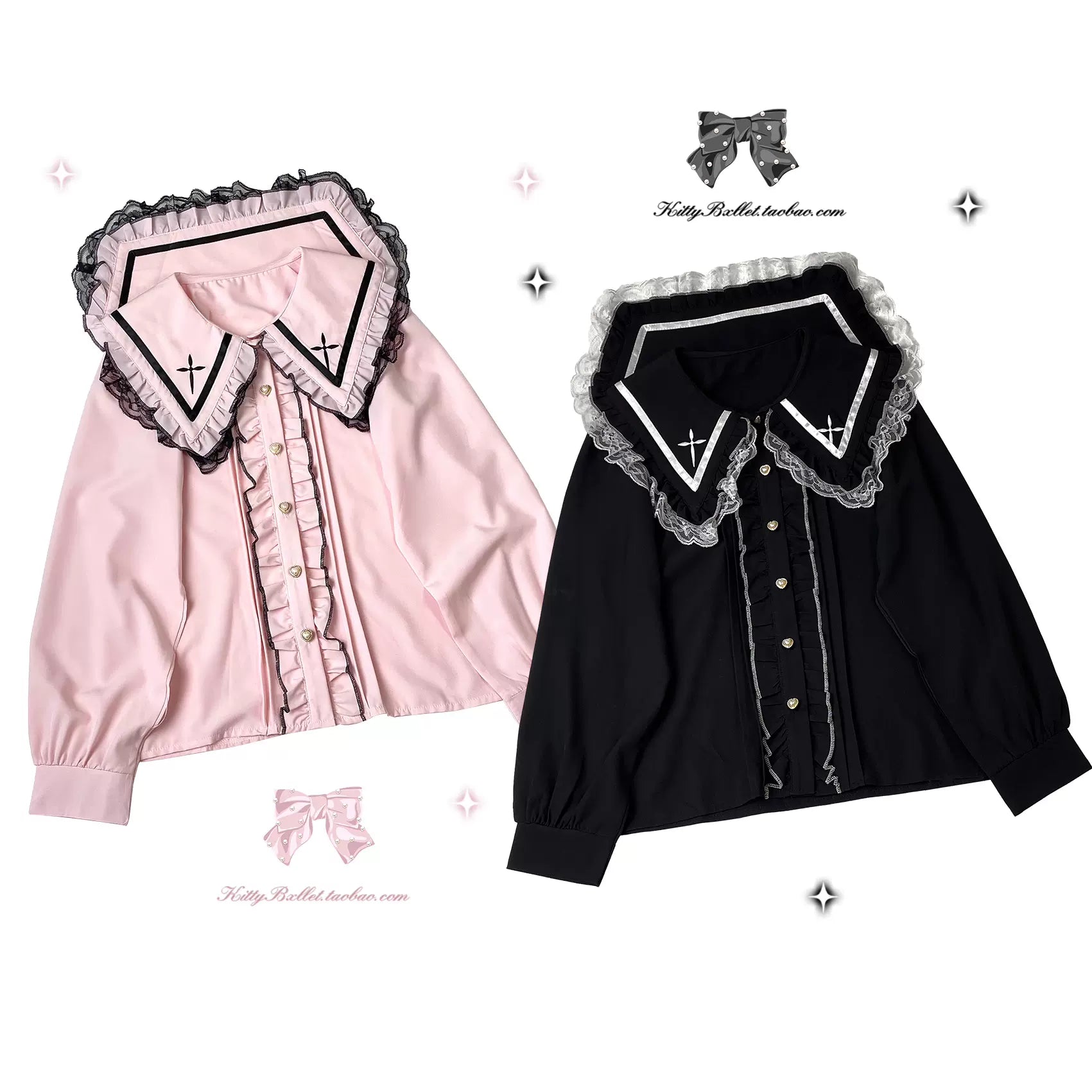 Jirai Kei Blouse Sailor Collar Shirt Cross Lace Long Sleeve