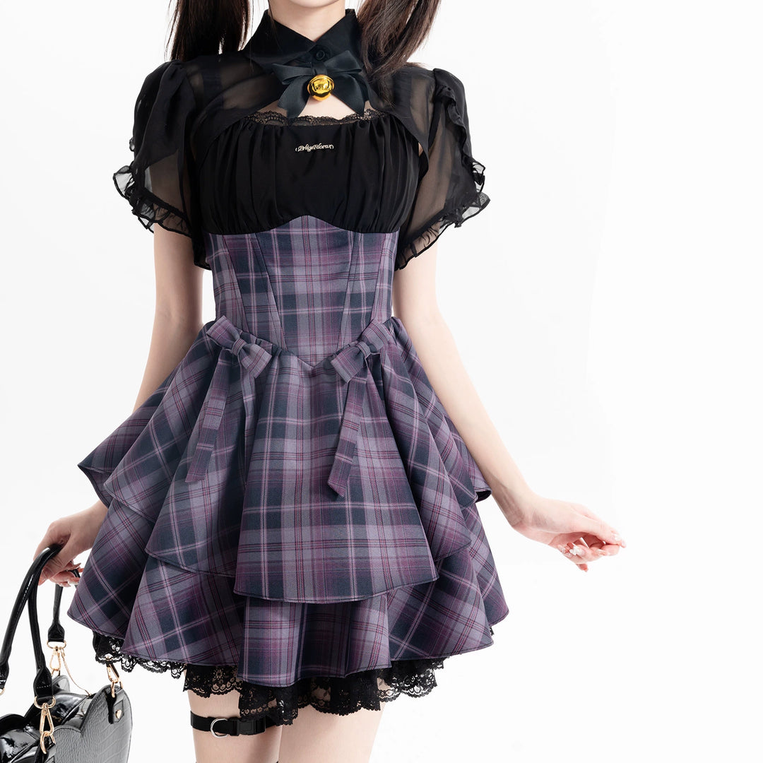 Gyaru Purple Plaid Dress With Lace Trim And Black Bolero 22508:323406